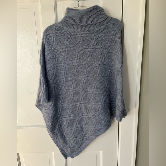 Cadenza Italy Mohair Blend Asymmetric Turtleneck Poncho Dusty Blue Cable Knit - Picture 8 of 12